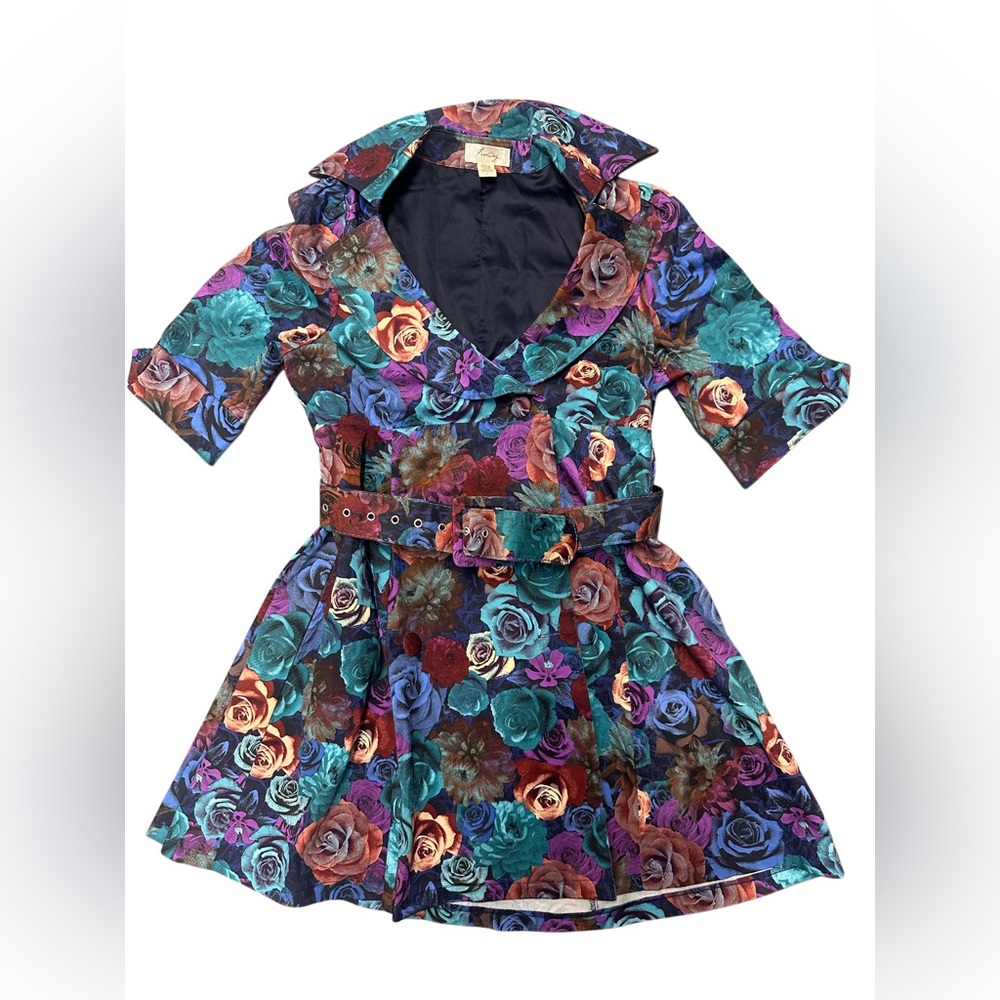 Freeway Floral Trench Coat in Teal, Purple, Blue & Brown